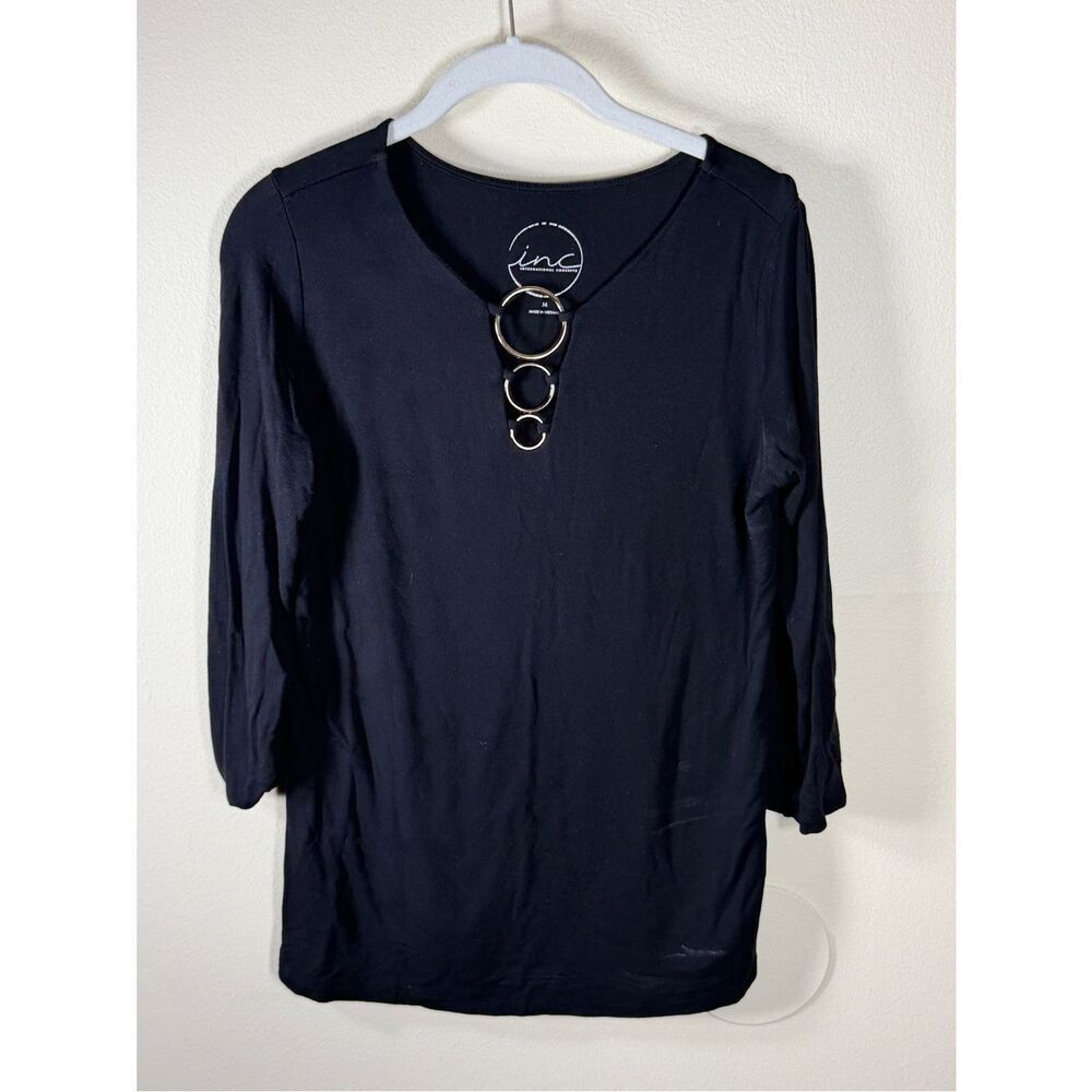 INC International Concepts Black Long Sleeve Top with Gold Ring Detail - Picture 2 of 6
